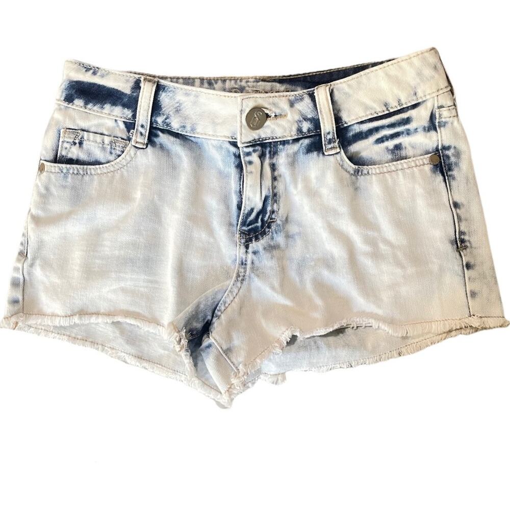 0209 Decree Acid Wash High Waisted Denim Shorts Raw Hem Light Blue Size 3
